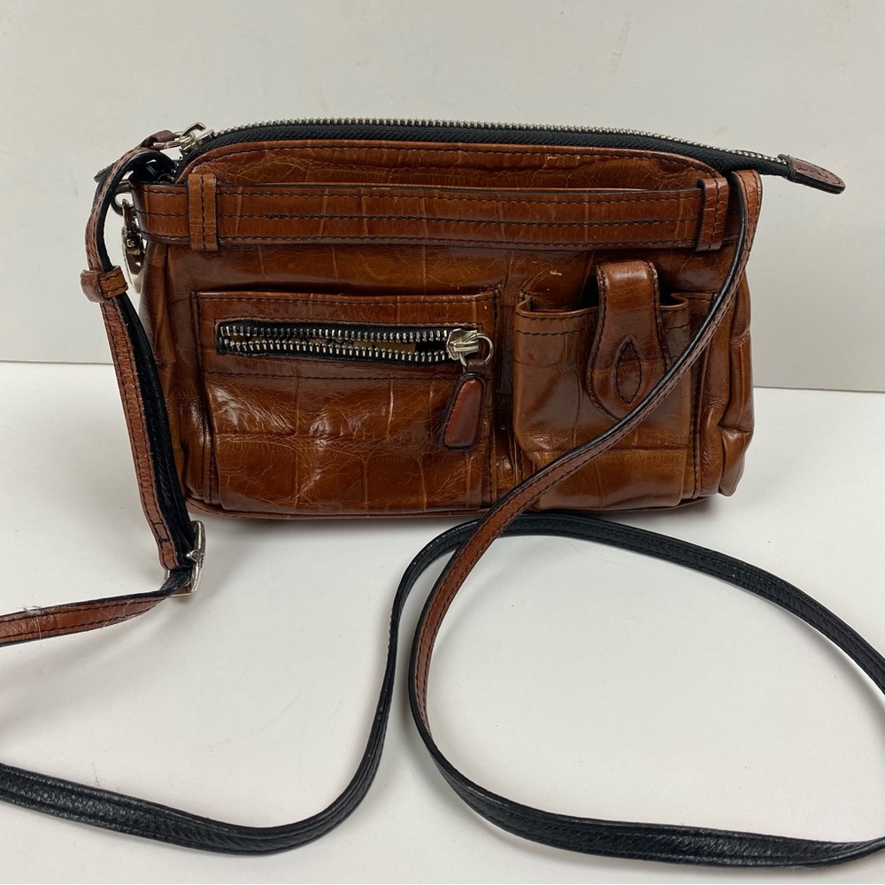 Brighton small brown embossed leather multi pocket organizer crossbody purse bag